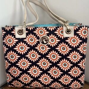Spartina 449 linen/leather Navy and Orange Tote Style Shoulder Bag